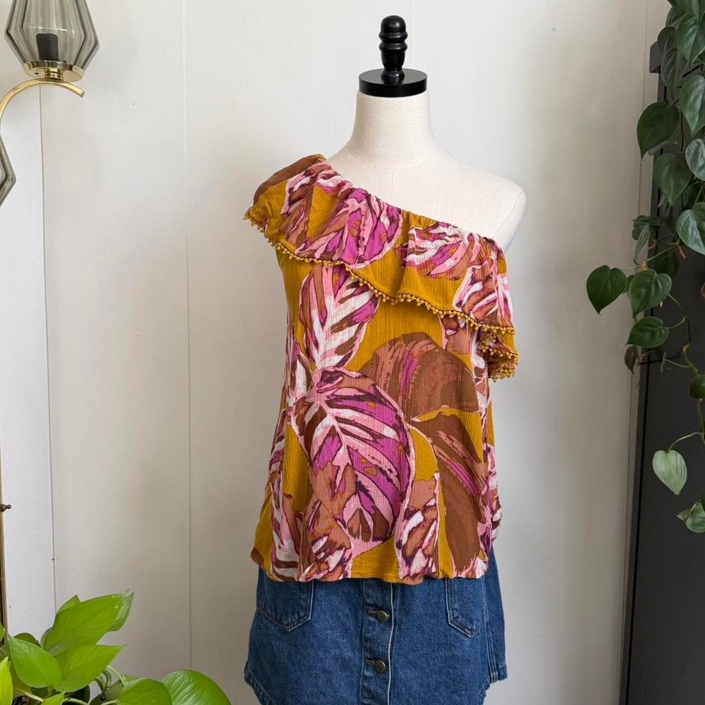Mossimo One Shoulder Tropical Floral Top Mustard Pink Scalloped Trim Small